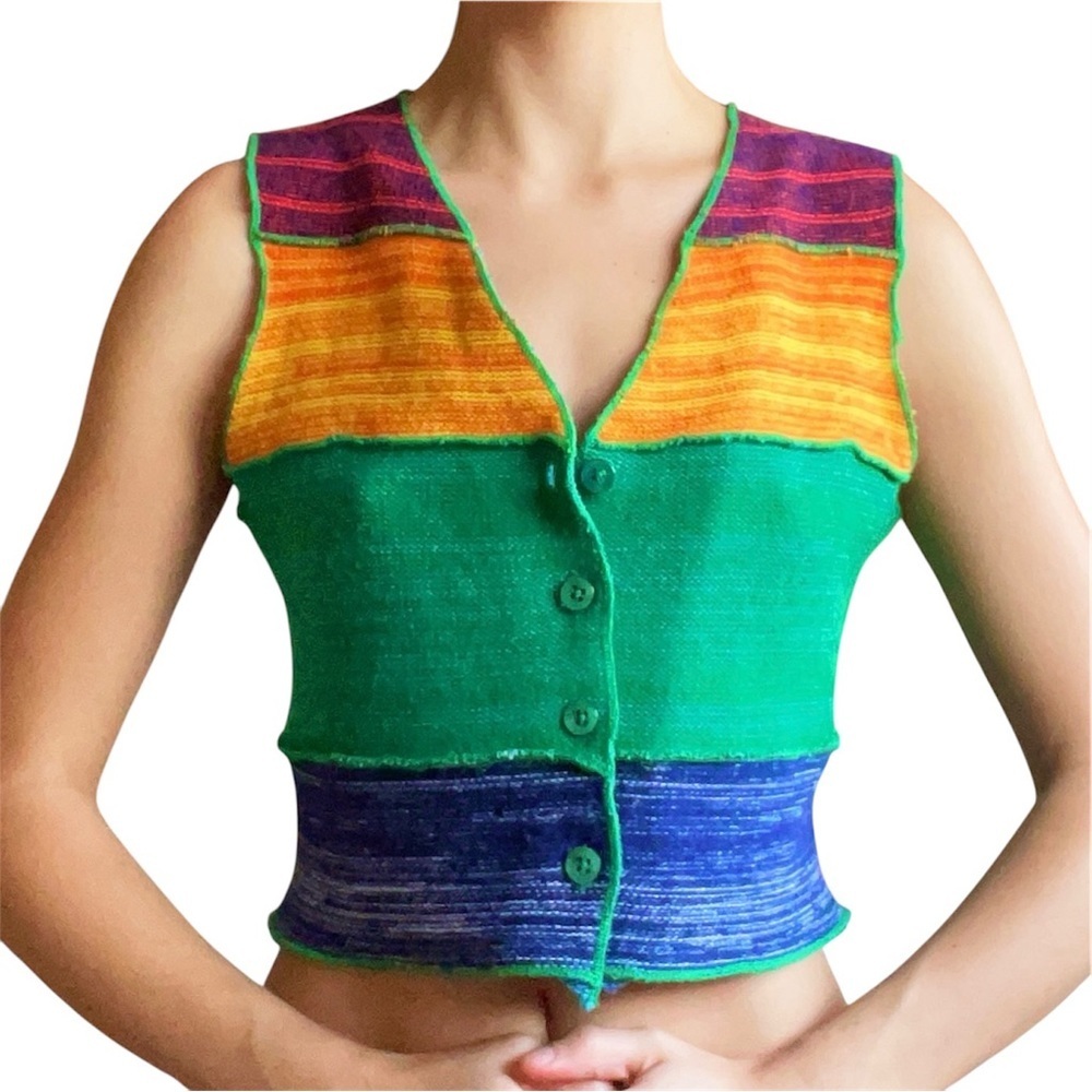 Vintage rainbow colorful knit sweater vest button up cropped v neck small stripe - Picture 6 of 7